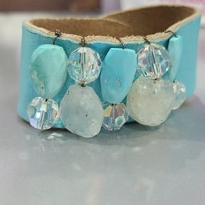 Teal leather and semi precious stones bracelet